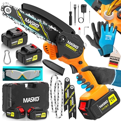 MASKO® Mini Kettensäge 800W, 8 Zoll, 8000mAh Akku | Elektrische Motorsäge mit Automatischem Ölsystem | Handkettensäge für Astschnitte & Holzarbeiten | Inkl. Koffer, 2x 4000mAh Akkus & 2x Ersatzketten von MASKO