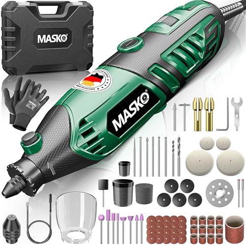 MASKO® Multifunktionswerkzeug Rotationswerkzeug 200W Variable Drehzahl 10.000-40.000 U/min mit flexibler Welle Schnellspann-Bohrfutter Transportkoffer 141teiligem Zubehör-Set Bohren Polieren Schleifen von MASKO