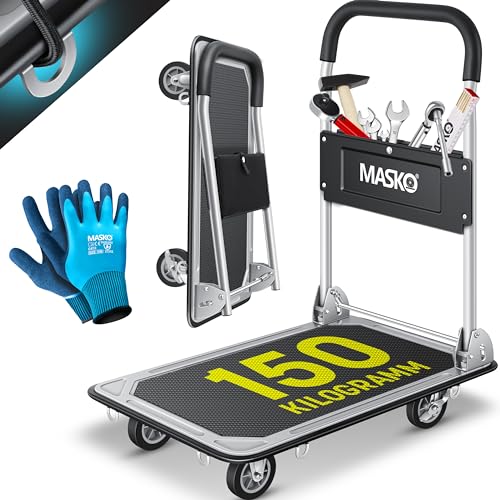 MASKO® Plattformwagen Transportwagen Lagerwagen Klappbar Inkl. Arbeitshandschuhe | 150 kg Tragkraft | Feststellbremse Transporthilfe | Mit 6 Sicherungsösen | 360° Lenkrollen | Paketwagen Klappwagen von MASKO