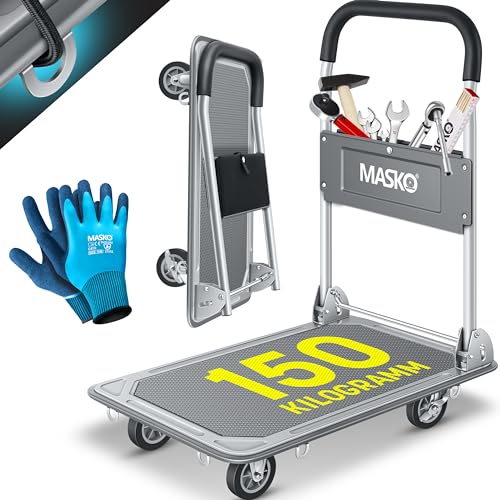 MASKO® Plattformwagen Transportwagen Lagerwagen Klappbar Inkl. Arbeitshandschuhe | 150 kg Tragkraft | Feststellbremse Transporthilfe | Mit 6 Sicherungsösen | 360° Lenkrollen | Paketwagen Klappwagen von MASKO