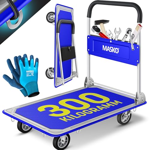 MASKO® Plattformwagen Transportwagen Lagerwagen Klappbar Inkl. Arbeitshandschuhe | 300 kg Tragkraft | Feststellbremse Transporthilfe | Mit 6 Sicherungsösen | 360° Lenkrollen | Paketwagen Klappwagen von MASKO