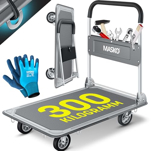 MASKO® Plattformwagen Transportwagen Lagerwagen Klappbar Inkl. Arbeitshandschuhe | 300 kg Tragkraft | Feststellbremse Transporthilfe | Mit 6 Sicherungsösen | 360° Lenkrollen | Paketwagen Klappwagen von MASKO