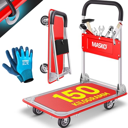 MASKO® Plattformwagen Transportwagen Lagerwagen Klappbar Inkl. Arbeitshandschuhe | Feststellbremse Transporthilfe | Mit 6 Sicherungsösen | 360° Lenkrollen | Paketwagen Klappwagen (Rot, 150kg) von MASKO