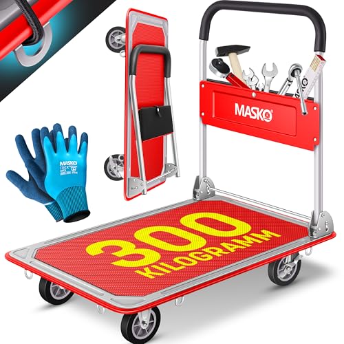 MASKO® Plattformwagen Transportwagen Lagerwagen Klappbar Inkl. Arbeitshandschuhe | Feststellbremse Transporthilfe | Mit 6 Sicherungsösen | 360° Lenkrollen | Paketwagen Klappwagen (Rot, 300kg) von MASKO