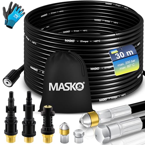 MASKO® Premium Rohrreinigungsschlauch Set Abflussreiniger 30m, 200 bar inkl. Tasche 3 Adapter 2 Düsen rotierend kompatibel mit Kärcher k2-k7 LAVOR Hochdruckreiniger Rohrreinigungsset + Handschuhe von MASKO