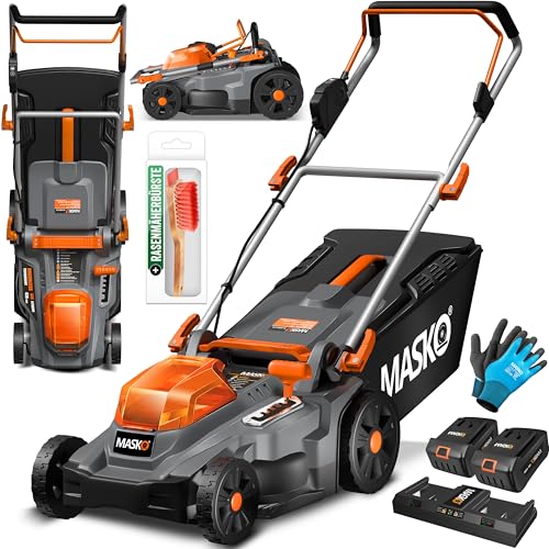 MASKO® Akku Rasenmäher mit Mulchfunktion, 2X Akkus Li-Ion Batterie 4Ah & Doppel-Ladegerät Rasentrimmer 43cm Schnitt-Breite 6X Höhenverstellbar 55L Fangkorb Flächen bis 650m² inkl. Handschuhe & Bürste von MASKO