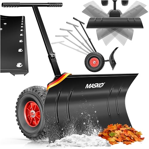 Masko Schneeschaufel auf Rädern höhenverstellbar - 5-Fach Schneeräumen, rückenschonender Schneeschieber, Schneeschild 75 cm Arbeitsbreite-Höhe 42, platzsparend zusammenklappbar, Schwarz von MASKO
