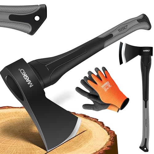 MASKO® Spaltaxt Spaltbeil Axt Beil Spalthammer Spaltkeil FIBERGLAS-Stiel + Handschuhe Die Perfekten Werkzeuge für Garten und Wald Universal | Robust | Langlebig | Rostfrei | Holzbeil 1000g von MASKO