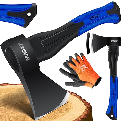 MASKO® Spaltaxt Spaltbeil Axt Beil Spalthammer Spaltkeil FIBERGLAS-Stiel + Handschuhe Die Perfekten Werkzeuge für Garten und Wald Universal | Robust | Langlebig | Rostfrei | Holzbeil 800g von MASKO