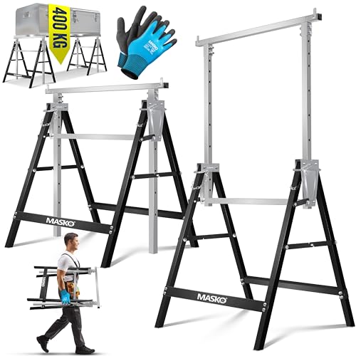 MASKO® Teleskop-Arbeitsbock Untergestell 1-er Set | Klappbock max. Belastbarkeit 200 kg | Unterstellbock höhenverstellbar Min. / max. Arbeitshöhe 800-1300 mm | Gerüstbock inkl. Handschuhe | Schwarz von MASKO
