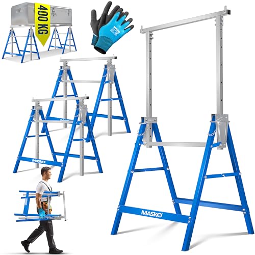 MASKO® Teleskop-Arbeitsbock Untergestell 2-er Set | Klappbock max. Belastbarkeit 200 kg | Unterstellbock höhenverstellbar Min. / max. Arbeitshöhe 800-1300 mm | Gerüstbock inkl. Handschuhe | Blau von MASKO