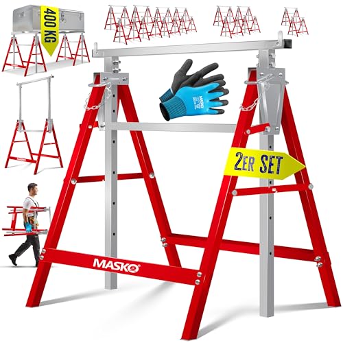 MASKO® Teleskop-Arbeitsbock Untergestell 2-er Set | Klappbock max. Belastbarkeit 200 kg | Unterstellbock höhenverstellbar Min. / max. Arbeitshöhe 800-1300 mm | Gerüstbock inkl. Handschuhe | Rot von MASKO