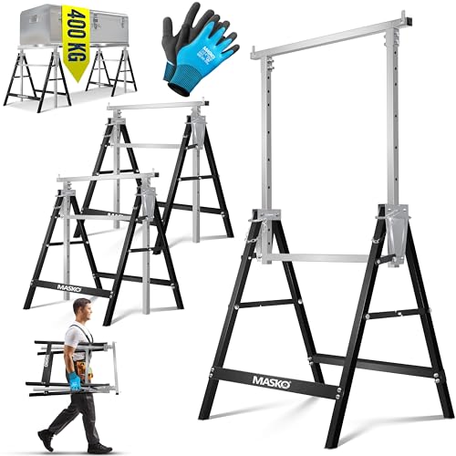 MASKO® Teleskop-Arbeitsbock Untergestell 2-er Set | Klappbock max. Belastbarkeit 200 kg | Unterstellbock höhenverstellbar Min. / max. Arbeitshöhe 800-1300 mm | Gerüstbock inkl. Handschuhe | Schwarz von MASKO