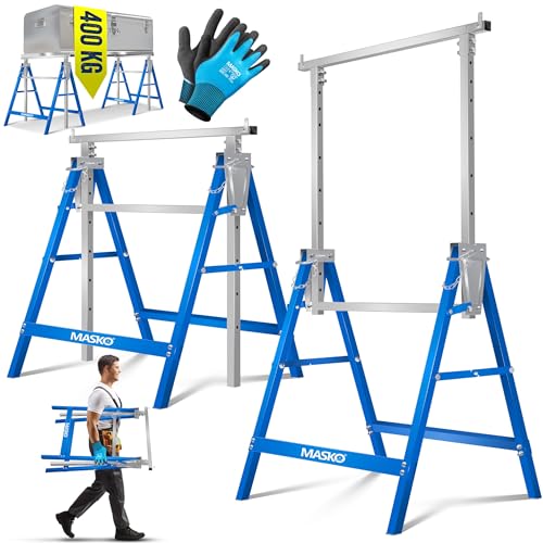 MASKO® Teleskop-Arbeitsbock Untergestell 4-er Set | Klappbock max. Belastbarkeit 200 kg | Unterstellbock höhenverstellbar Min. / max. Arbeitshöhe 800-1300 mm | Gerüstbock inkl. Handschuhe | Blau von MASKO