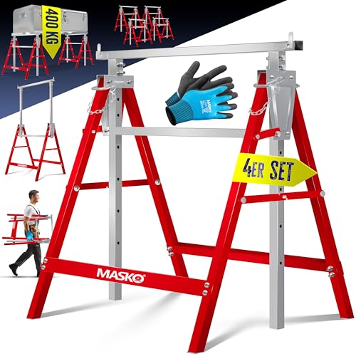 MASKO® Teleskop-Arbeitsbock Untergestell 4-er Set | Klappbock max. Belastbarkeit 200 kg | Unterstellbock höhenverstellbar Min. / max. Arbeitshöhe 800-1300 mm | Gerüstbock inkl. Handschuhe | Rot von MASKO