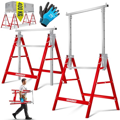 MASKO® Teleskop-Arbeitsbock Untergestell 8-er Set | Klappbock max. Belastbarkeit 200 kg | Unterstellbock höhenverstellbar Min. / max. Arbeitshöhe 800-1300 mm | Gerüstbock inkl. Handschuhe | Rot von MASKO