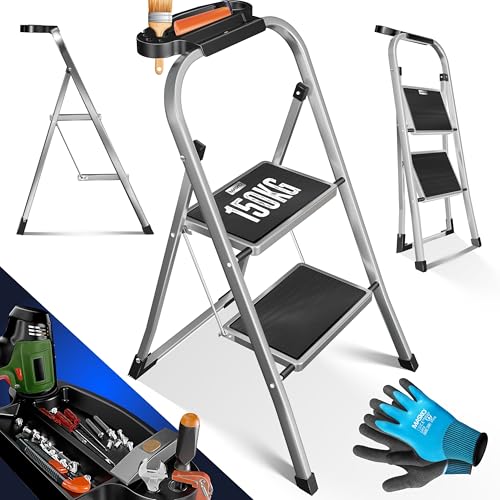MASKO® Trittleiter Klappleiter 2 Stufen-Leiter Stufenleiter belastbar bis 150 kg | Tritthocker Anti-Rutsch | Klapptritt Leiter inkl. Handschuhe, Werkzeugablage & automatisches Schloss, Grau von MASKO