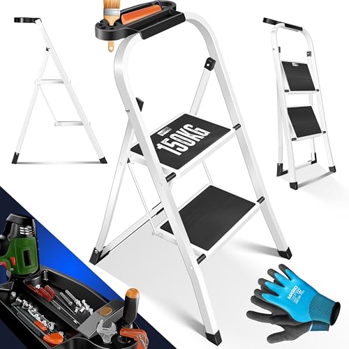 MASKO® Trittleiter Klappleiter 2 Stufen-Leiter Stufenleiter belastbar bis 150 kg | Tritthocker Anti-Rutsch | Klapptritt Leiter inkl. Handschuhe, Werkzeugablage & automatisches Schloss, Weiß von MASKO