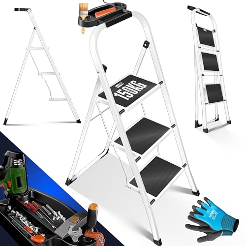 MASKO® Trittleiter Klappleiter 3 Stufen-Leiter Stufenleiter belastbar bis 150 kg | Tritthocker Anti-Rutsch | Klapptritt Leiter inkl. Handschuhe, Werkzeugablage & automatisches Schloss, Weiß von MASKO