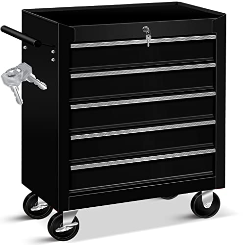 MASKO® Werkstattwagen - 5 Schubladen, schwarz | Abschließbar | Massives Metall | Mobiler Werkzeug-Wagen ohne Werkzeug | Profi Werkstatt-Wagen | Rollwagen zur Werkzeugaufbewahrung mit Schloss | von MASKO