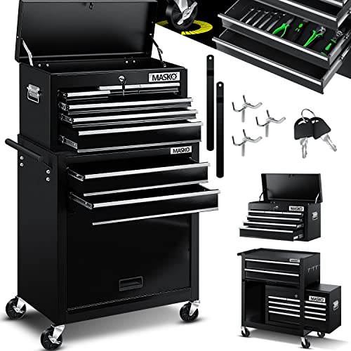 MASKO® Werkstattwagen inkl. Koffer - 9 Fächer Abschließbar | Massives Metall | Mobiler Werkzeug-Wagen ohne Werkzeug | Profi| Rollwagen zur Werkzeugaufbewahrung mit Schloss | Schwarz von MASKO