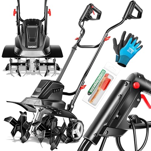 MASKO® Motorhacke elektrisch | Gartenfräse 1500 Watt 45cm Breite 20cm Tiefe | Bodenhacke Ackerfräse Kultivator | Elektro Hacke | klappbarer Handgriff Metallgehäuse | Transporträder & Zubehör | schwarz von MASKO
