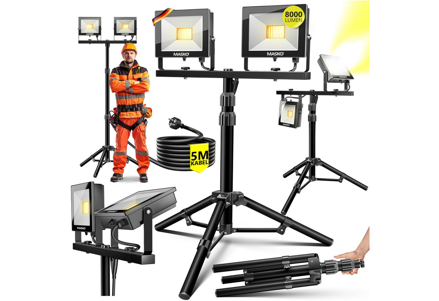 MASKO Baustrahler, LED fest integriert, LED Baustrahler mit Stativ Fernbedienung 100W Doppel 2x 50W von MASKO