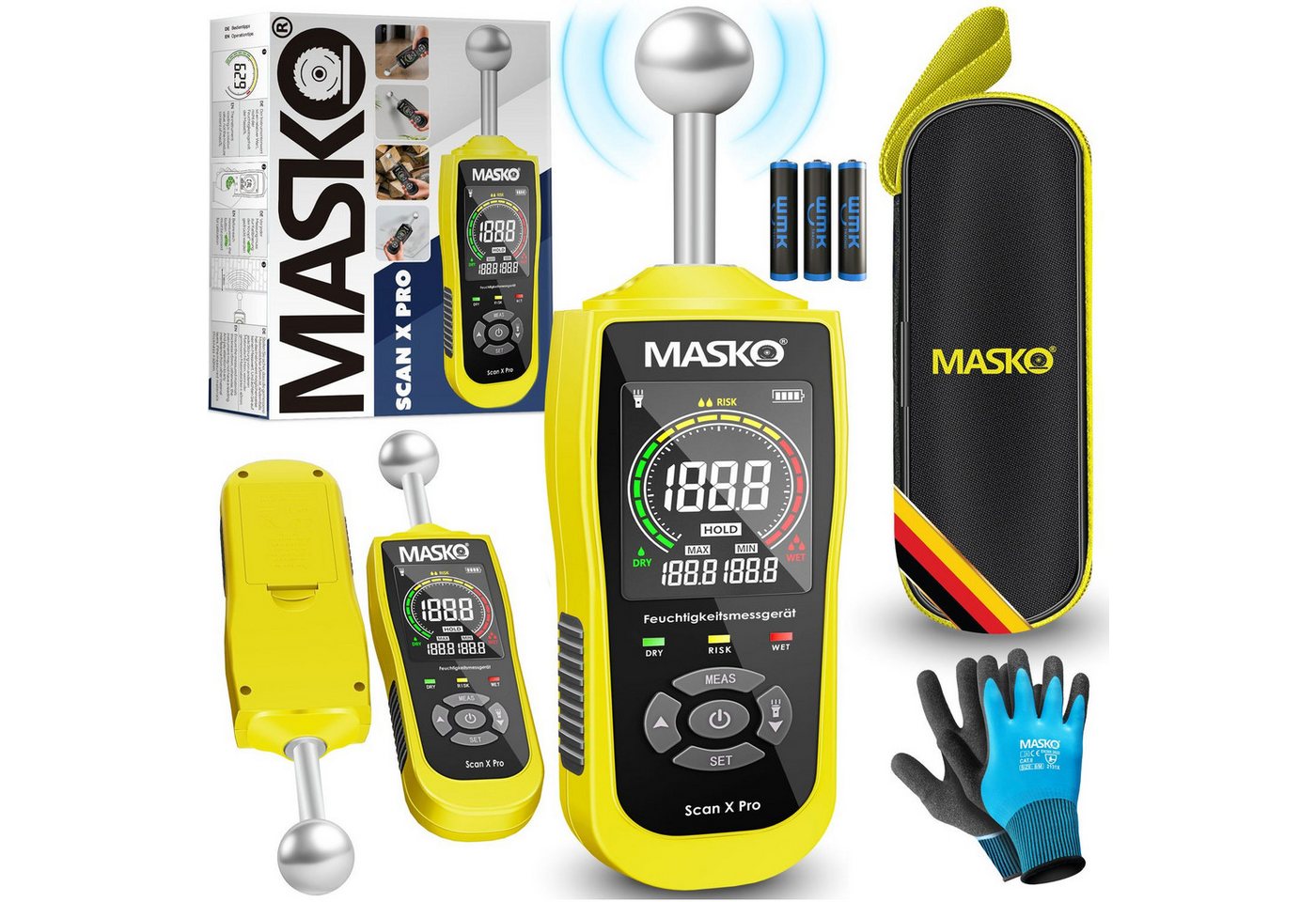 MASKO Feuchtigkeitsmesser, (Alarm, Taschenlampe & Datenhaltefunktion), zerstörungsfreie Messung Pin-Typ Feuchtemessgerät HD-Display von MASKO