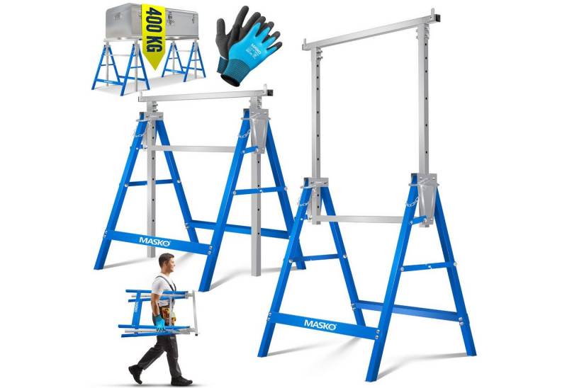 MASKO Klappbock Teleskop-Arbeitsbock Untergestell Sägebock max. Belastbarkeit 200 kg, (1-St., Gerüstbock inkl. Handschuhe), Unterstellbock höhenverstellbar Min. / Max. Arbeitshöhe 800-1300 mm von MASKO