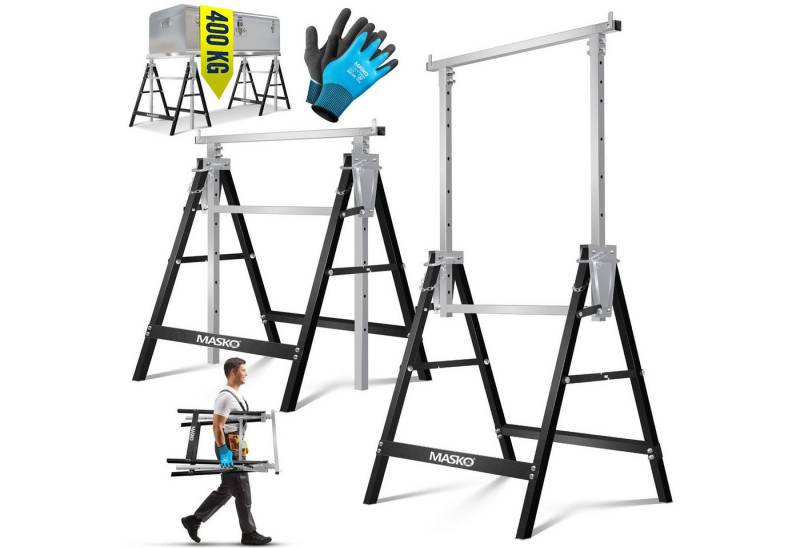 MASKO Klappbock Teleskop-Arbeitsbock Untergestell Sägebock max. Belastbarkeit 200 kg, (1-St., Gerüstbock inkl. Handschuhe), Unterstellbock höhenverstellbar Min. / Max. Arbeitshöhe 800-1300 mm von MASKO