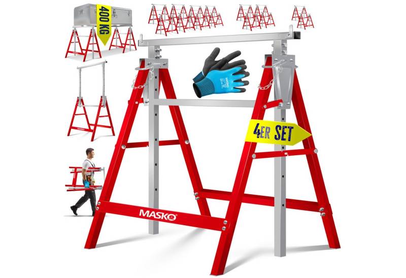 MASKO Klappbock Teleskop-Arbeitsbock Untergestell Sägebock max. Belastbarkeit 200 kg, (4-St., Gerüstbock inkl. Handschuhe), Unterstellbock höhenverstellbar Min. / Max. Arbeitshöhe 800-1300 mm von MASKO