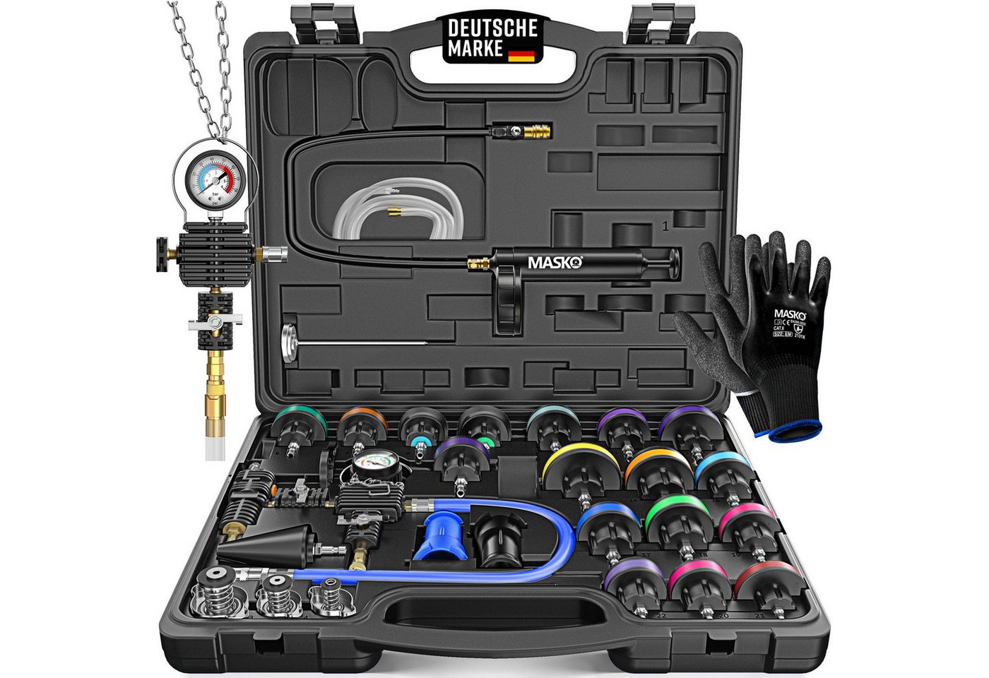 MASKO Multitool Kühlsystem Tester & Abdrückgerät - universeller Kühler Prüfgerät, (28-teiliges Kühlsystem-Nachfüll-Set inkl. Kühleradapter, Vakuumpumpe), Kühlerdruckprüfer - Kühler Entlüftungsgerät für Auto, Van, SUV, LKW von MASKO