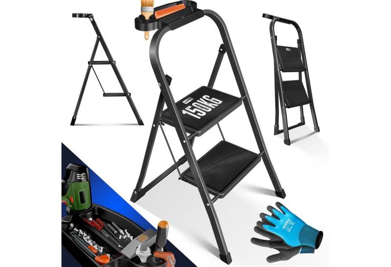 MASKO Trittleiter Klappleiter Stufenleiter belastbar bis 150 kg Tritthocker Anti-Rutsch, 2, 3 oder 4 Stufen-Leiter / 4 Stufen mit Handläufen von MASKO