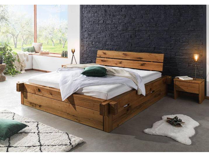 Balkenbett mit Schubkästen Zerreiche 160x200 tabacco geölt JANGALI #302 von MASSIVMOEBEL24.DE
