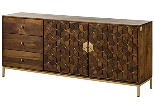 Diamond Sideboard aus massivem Mango, Kommode braun geöltes Massivholz, 3 Schubladen mit Knopfgriffen und 2 Türen mit Push-to-Open Technik, goldene Akzente aus Eisen von MASSIVMOEBEL24.DE