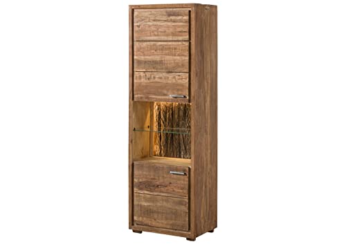 MASSIVMOEBEL24.DE | BARK by WOLFMÖBEL - Vitrine massiv - Natur, lackiert | echte Baumrinde | integrierte LED-Beleuchtung | Akazie | 2 Türen - 2 Regalfächer | 58x40x180 | Bücherregal Standvitrine von MASSIVMOEBEL24.DE