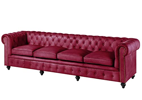 MASSIVMOEBEL24.DE | Chesterfield Sofa 4-Sitzer aus Echtleder #404 | aus echtem Büffel-Leder - Rot | 274x82x75 cm | mit Nieten | Couch Polstercouch 4er Sitzer von MASSIVMOEBEL24.DE