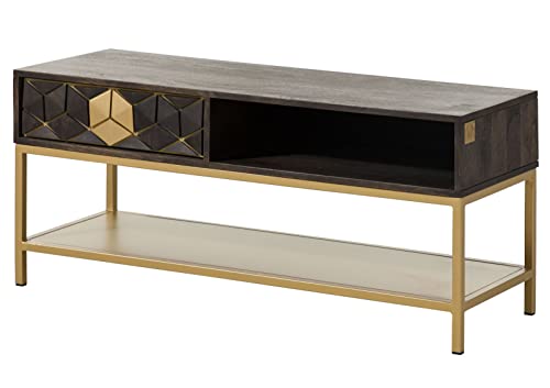 Diamond Couchtisch Push-to-Open Massivholz grau geölt, 110 cm aus Mango, massiver Tisch für Wohnzimmer mit 1 Schublade, 1 Ablage, 1 Fach, Eisengestell und Mosaik, Gold von Massivmoebel24.de