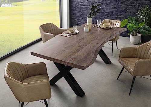 MASSIVMOEBEL24.DE | Freeform 5 Baumkantentisch aus Massivholz - Grau | 200x100 cm | Metallbeine X-Form anthrazit glänzend | aus Akazienholz | Esstisch echte Baumkante von MASSIVMOEBEL24.DE