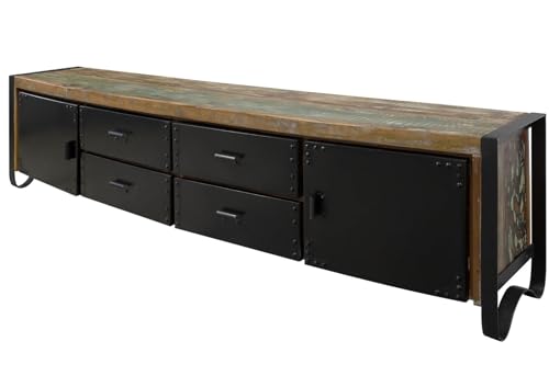 MASSIVMOEBEL24.DE | Industrial TV-Board aus Massivholz #106 | aus Altholz mit Eisen - Mehrfarbig, lackiert | 208x43x55 cm | 4 Schubladen & 2 Türen | Lowboard von MASSIVMOEBEL24.DE