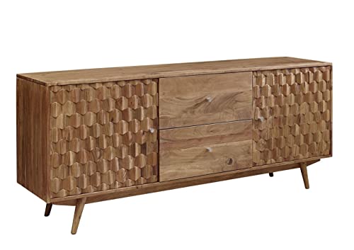 MASSIVMOEBEL24.DE | MOSAYK massives Sideboard - Natur lackiert | Akazienholz | 2 Türen - 2 Schubladen | 180x42x75 | Retro-Design | Kommode Tv-Sideboard Wohnzimmer-Schrank von MASSIVMOEBEL24.DE