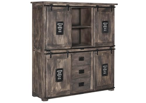 MASSIVMOEBEL24.DE Railway Highboard massiv Kommode groß Hochschrank Schrank Holzschrank Wohnzimmer Sideboard Mehrzweckschrank Mango 150x45x160 grau lackiert von MASSIVMOEBEL24.DE
