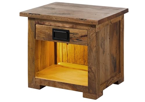 MASSIVMOEBEL24.DE | Railway Lux Nachttisch aus Massivholz mit Beleuchtung #160 | Mangoholz/Altholz - Natur lackiert | 50x40x45 cm | 1 Fach, 1 Schublade | Nachttisch klein von MASSIVMOEBEL24.DE