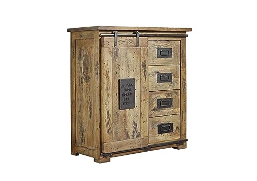 MASSIVMOEBEL24.DE | Railway - Massive Kommode | Natur - lackiert | klein schmal | Mango | 90x45x100 | mit Eisen-Elementen | 1 Tür - 4 Schubladen | Sideboard von MASSIVMOEBEL24.DE