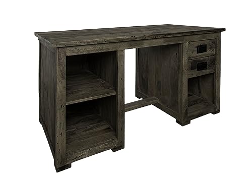 MASSIVMOEBEL24.DE | Railway - Schreibtisch aus Massivholz | grau lackiert | aus Mangoholz | 2 Schubladen 3 offene Fächer | 140x80x76 | Arbeitstisch Bürotisch PC-Tisch von MASSIVMOEBEL24.DE