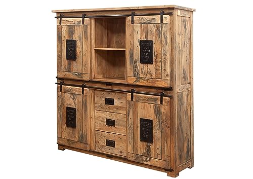 MASSIVMOEBEL24.DE | Railway - massives Highboard naturfarben, geölt | Mangoholz | 150x45x160 | mit Eisen | 4 Türen - 3 Schubladen | Wohnzimmerschrank, Hochkommode von MASSIVMOEBEL24.DE