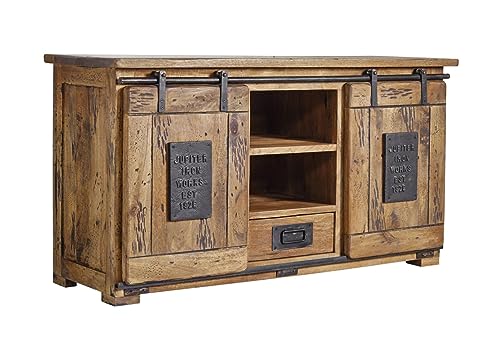 MASSIVMOEBEL24.DE | Railway massives Sideboard - Natur lackiert | Mangoholz | 2 Türen - 1 Schublade | 128x45x70 | Used-Look | Kommode Tv-Sideboard Wohnzimmer-Schrank von MASSIVMOEBEL24.DE