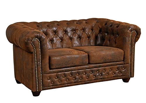 MASSIVMOEBEL24.DE Sofa Chesterfield, 2 Sitzer Couch Leder Optik, braun im englischen Kolonialstil 148x86x72, Chesterfield Serie von MASSIVMOEBEL24.DE