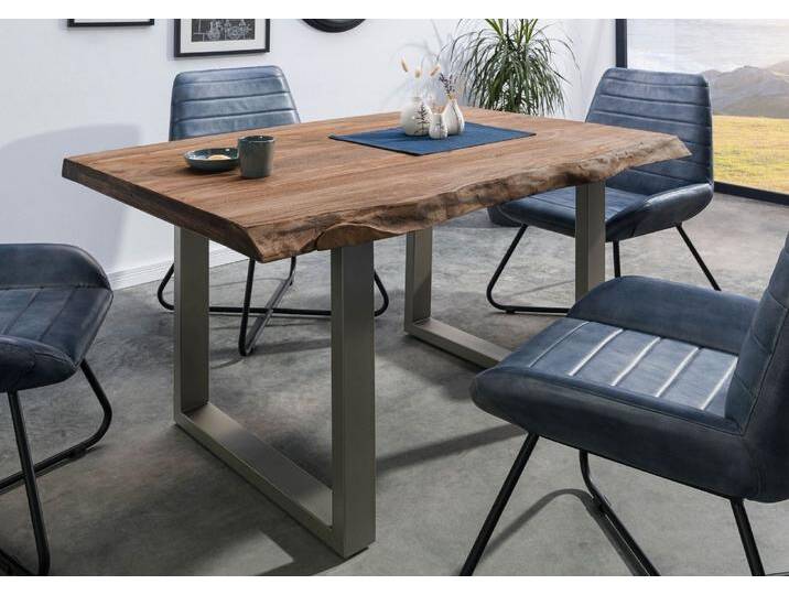 Baumtisch Sheesham 140x90x77 grau gebeizt / U-Beine silber matt FREEFORM 5 von MASSIVMOEBEL24