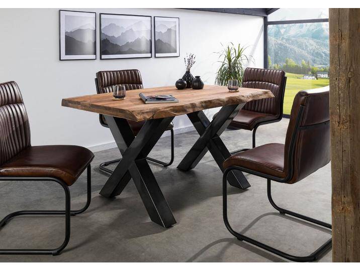 Baumtisch Sheesham 160x90x77 grau gebeizt / X-Beine anthrazit glänzend FREEFORM 5 von MASSIVMOEBEL24